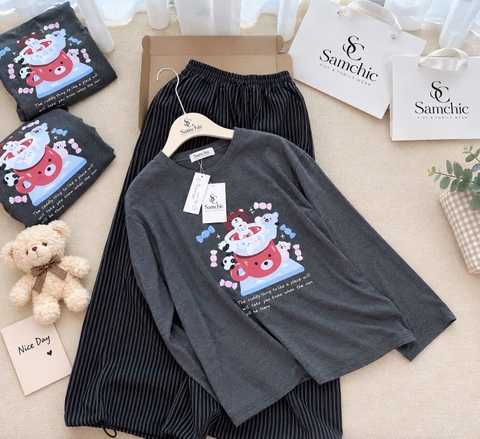 SET1067- Set IN GẤU màu chì đậm mix quần suông