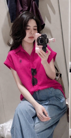 A644- Áo sơ mi cộc tay hồng thêu ngựa