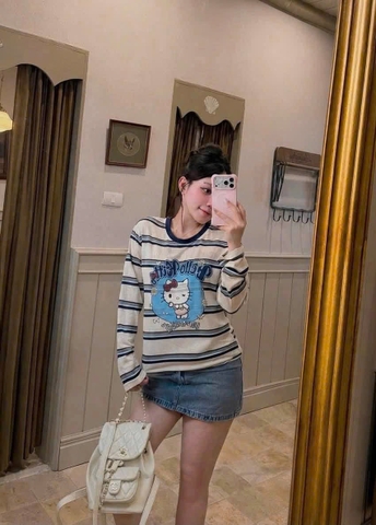 A671- Áo thun giấy KITTY kẻ ngang xanh dài tay