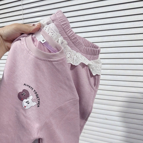 Bt733- Bộ nỉ bông mềm màu hồng quần viền ren bé gái
