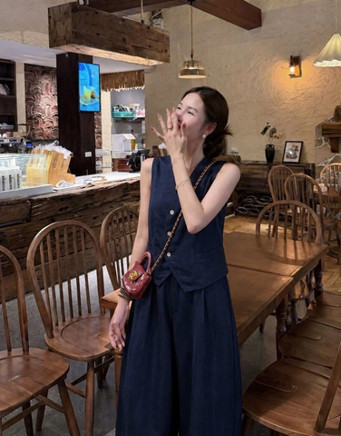 SET1014- Set áo đũi linen sát nách phối quần suông xanh than