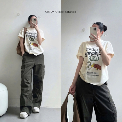 A493-Áo thun cộc tay màu be in chữ GOLF đủ tem hàng nhà máy