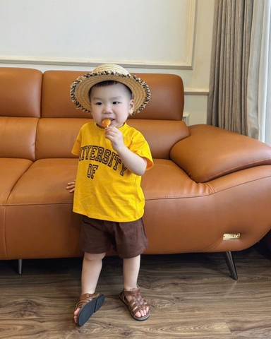 BT456- Bộ ao cotton Unive vàng mix quần cua màu nâu