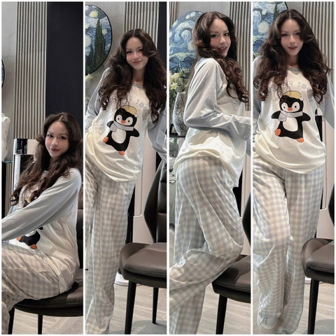 Set81- Set mặc nhà áo cotton chim cánh cụt phối quần suông kẻ