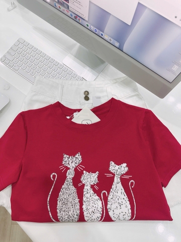 SET739-Bộ dạo phố áo thun Mèo đỏ phối chân váy jean trắng