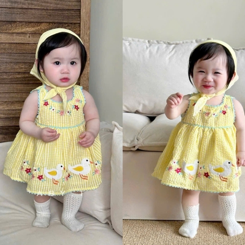 BT582- Đầm vàng thêu viền ren dáng xoè tặng kèm khăn