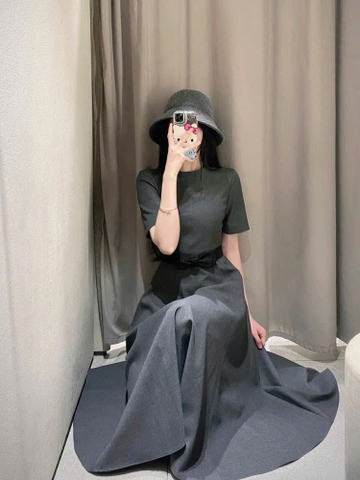 DAM147- VÁY xoè li dọc kèm nơ eo màu ghi