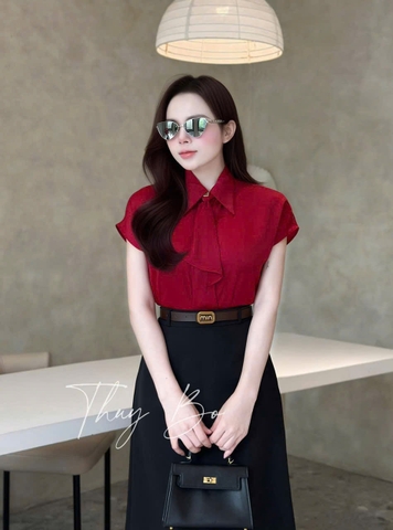 ☘️A304-  ÁO SƠ MI GU LUA TAY LIỀN MIX NƠ CỔ 🌿