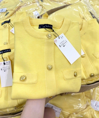 A396- Áo len dệt kim cộc tay cúc đồng hàng nhà máy chuẩn 2 màu vàng hồng