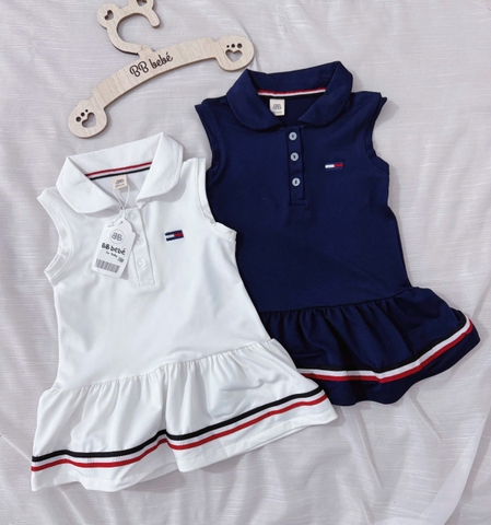 CB240- Combo 2 đầm polo TÔM MÌ chân xoè bé gái trắng- xanh