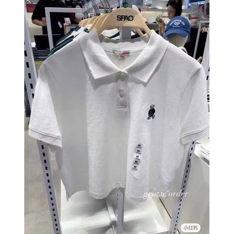A574-Áo polo trắng thêu gấu hàng nhà máy đủ tem