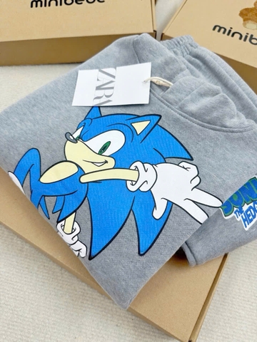 BN182 (9-26kg) Bộ nỉ thu đông dài tay bé trai Sonic màu xám có mũ VNXK