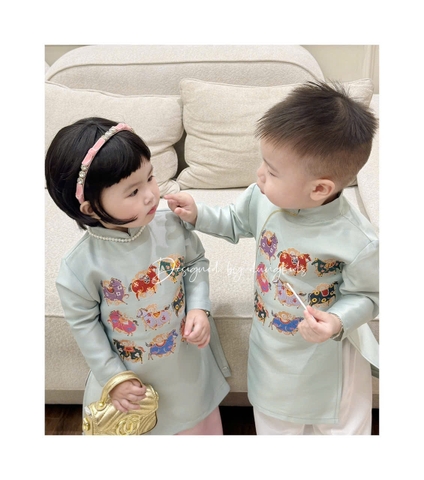 A175-Áo dài trẻ em cặp đôi trai gái 2 MÀU XANH,VÀNG chất gấm cao cấp hoạ tiết thêu