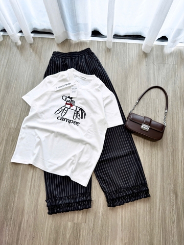 SET904-SEt áo thun cộc trắng phối quần suông kẻ dài đen trắng
