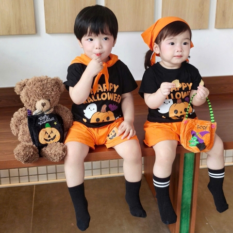 KÈM KHĂN- BT680-Bộ Halowen trẻ em chất cotton màu đen-cam