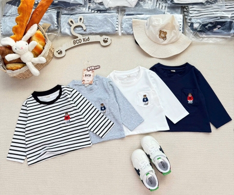 BT1012-Combo 4 áo thun cotton dài tay thêu gấu cho bé