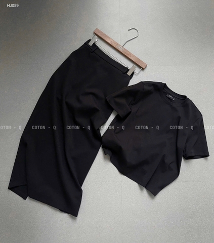 SET742-Bộ áo thun đen phối chân váy midi dài vải mì Hàn