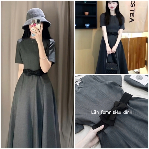 DAM147- VÁY xoè li dọc kèm nơ eo màu ghi