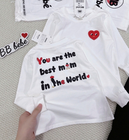 BT661-Bộ thun dài tay trắng đen hình tim đỏ bé trai