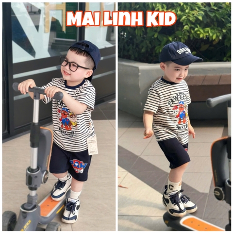 BN090- Bộ thun kẻ xanh than PAW mix quần chân cua