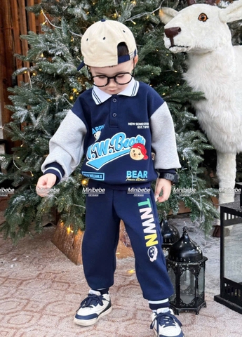 Bt714- Bộ polo phối BEAR xanh phối ghi in pét loại đẹp