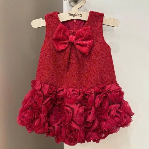 damkid020-ĐẦM dạ đỏ HOA HỒNG 2 LỚP bé gái ( 8-27kg)