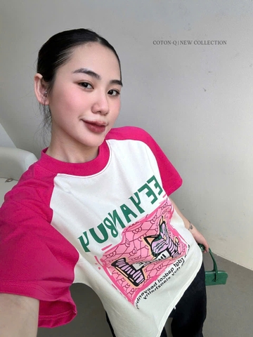 A570- Áo thun suông cộc hồng trắng hàng nhà máy đủ tem