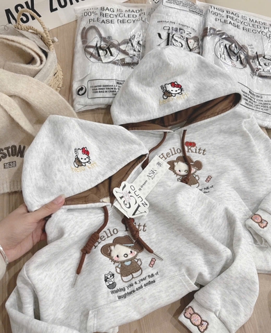 Bt778- Áo nỉ kitty thêu mũ 2 lớp màu be