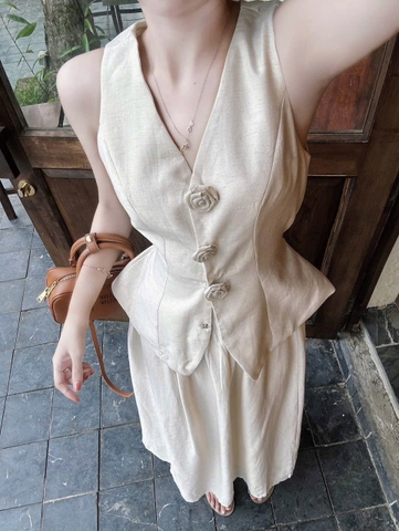 Set633- Set váy lien màu be CV xoè mix áo hoa