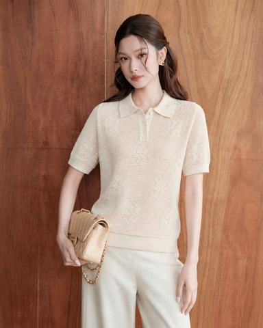 A707- Áo len lỗ cộc tay hoa be hàng nhà máy đủ tem