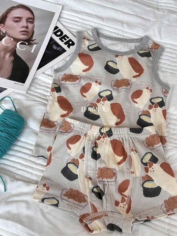 CB353- Combo 2 bộ viền Nâu B e hoạ tiết in chất cotton trẻ em