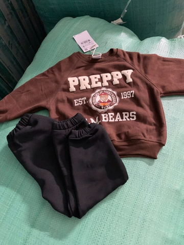 BN207-Bộ nỉ bông PREPPY màu nâu mix quần đen bé trai VNXK
