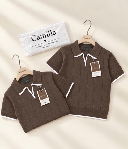 A744-Áo len dệt kim cộc tay nâu viền trắn Camilla