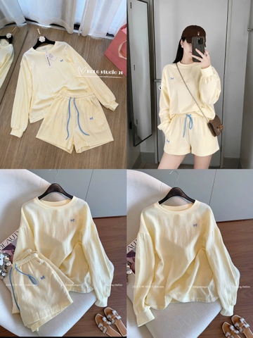 set1035- Set áo thun vàng dài phối quần cộc 2 lớp