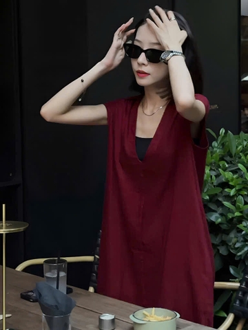 DAM133-Đâm cổ V chát LIEN xược màu đỏ tặng kèm áo quây đen