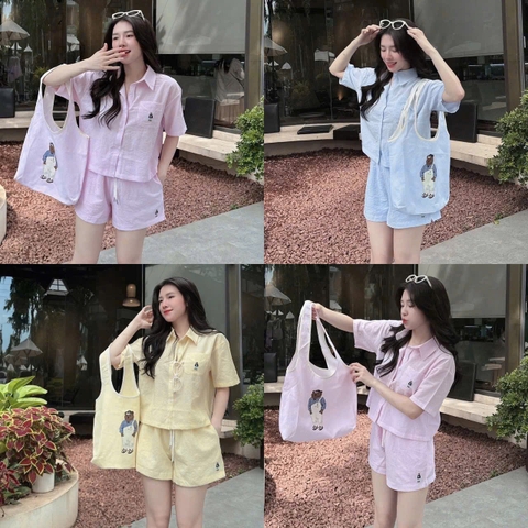 Set674- Set kẻ thêu tặng kèm túi dáng cộc 3 màu