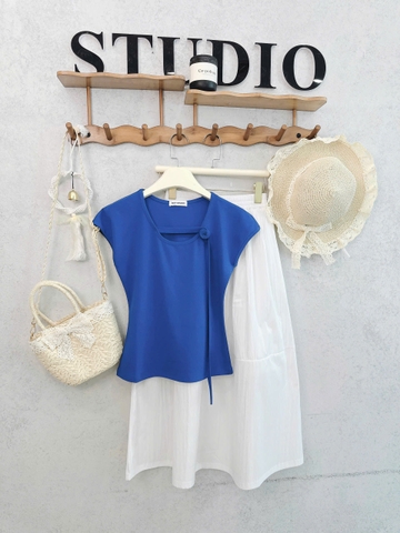 SET651-Set áo thun xanhcách điệu phối chaanvays midi trắng thô