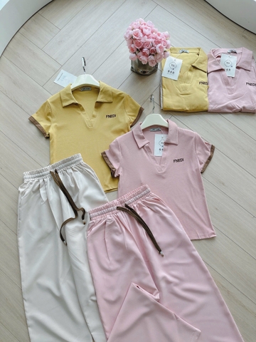 SET741-Bộ dạo phố áo thun polo phối quần baggy vàng hồng