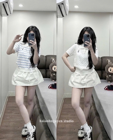 A376-Áo len cộc tay Quảng Châu cổ kẻ thêu gấu 5 màu