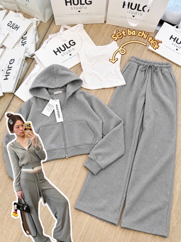 Set1052- Set áo nỉ xám có mũ phối quần suông TẶNG KÈM áo thun trắng