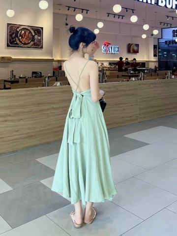 Đầm hai dây buộc nơ lưng 2 màu trắng,xanh