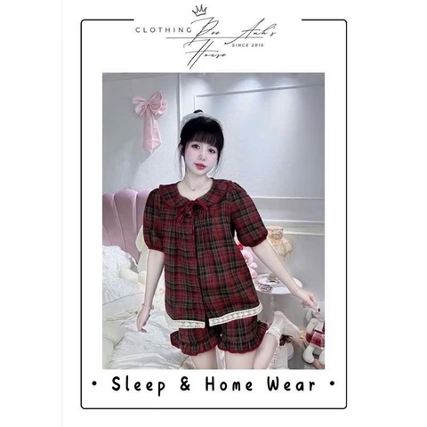 SET462- Set kẻ đen đỏ cổ sen cộc tay chất thô mềm