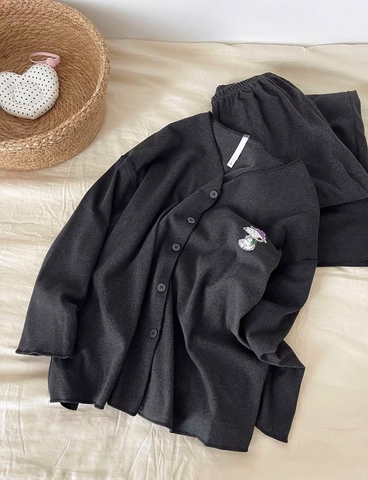 Set1080- Set zip lông mềm màu ghi đậm in CÚN MŨ TÍM