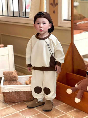 BT658- Bộ nỉ haida dài tay thu đông bé trai phối màu nâu trắng