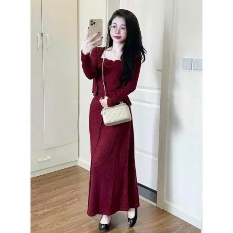 SET393- Set áo cadigan đỏ phối váy 2 dây đính hoa