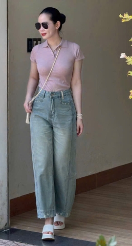 QUAN052-Quần jean suông ống rộng tỉa gấu màu nhạt