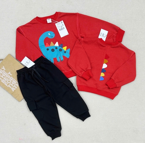 Bn133- (9-26kg) Bộ nỉ dài tay bé trai khủng long đỏ vây lưng VNXK
