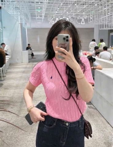 A520-Áo len dệt kim cộc tay màu hồng thêu ngựa mẫu mới