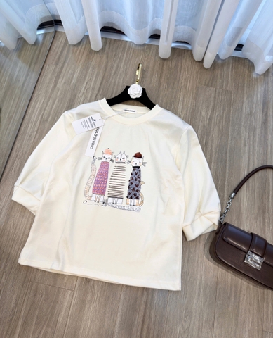 A583-Áo thun tay lỡ màu be hình mèo hàng nhà máy đủ tem