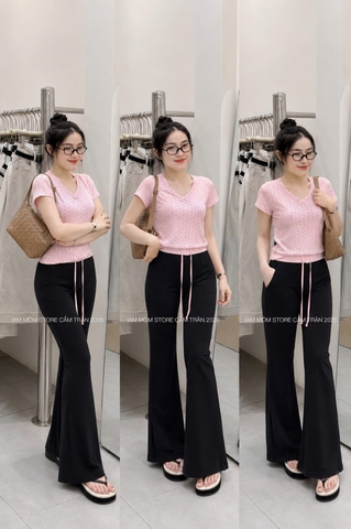 Set1035-Set áo thun bi hồng phối quần loe đen